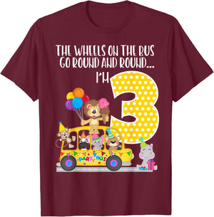 The Wheels On The Bus 3rd Birthday 3 Yrs Old Family Matching T-Shirt - T-Shirt | Maroon
