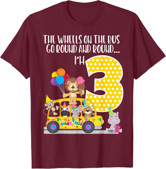 The Wheels On The Bus 3rd Birthday 3 Yrs Old Family Matching T-Shirt - T-Shirt | Maroon