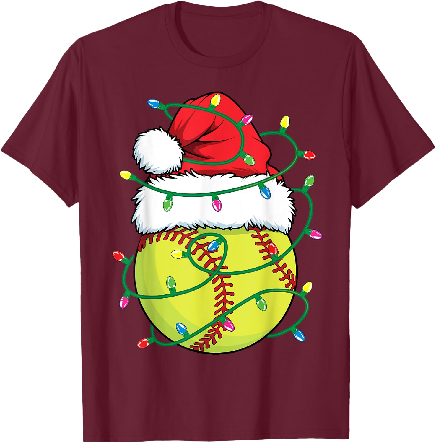 Softball with Santa Hat Men Boys Girls Christmas Xmas Lights T-Shirt - T-Shirt | Maroon