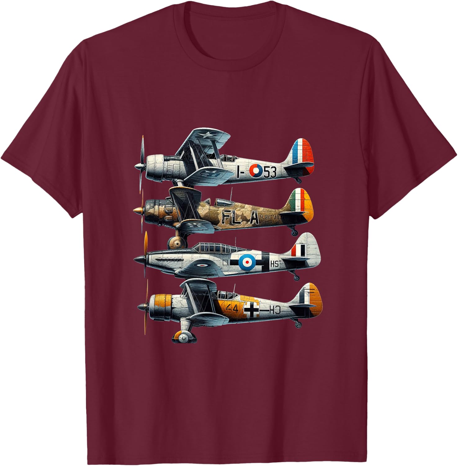 Polikarpov I-153 CR.42 Falco Gloster Gladiator Heinkel He-51 T-Shirt - T-Shirt | Maroon