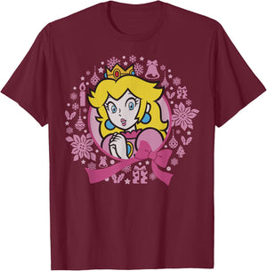 Super Mario Bros Princess Peach Pink Bow Circle Portrait T-Shirt - T-Shirt | Maroon
