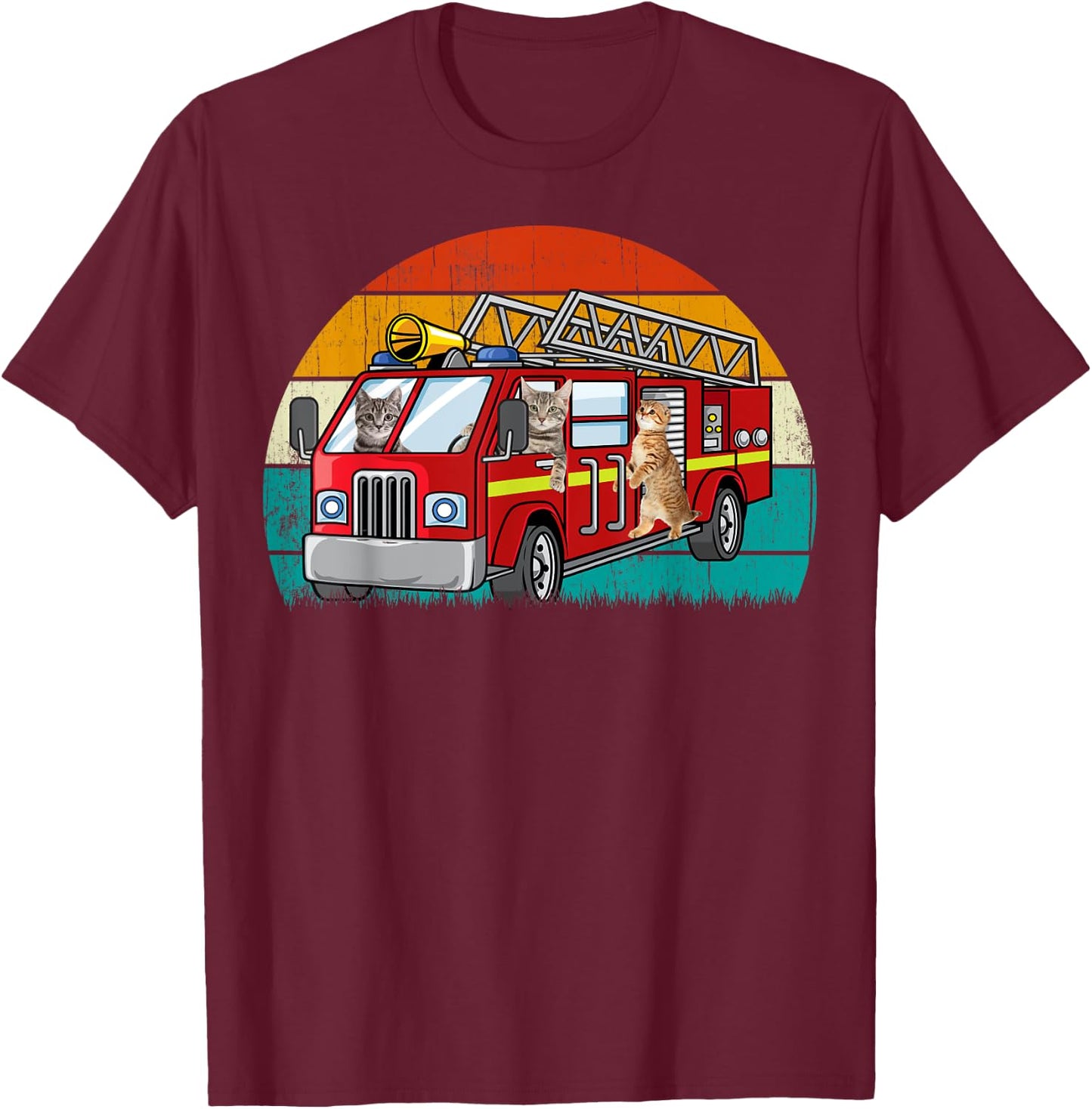 Vintage Retro Style Sunset rescue Engine Cat Firefighter T-Shirt - T-Shirt | Maroon