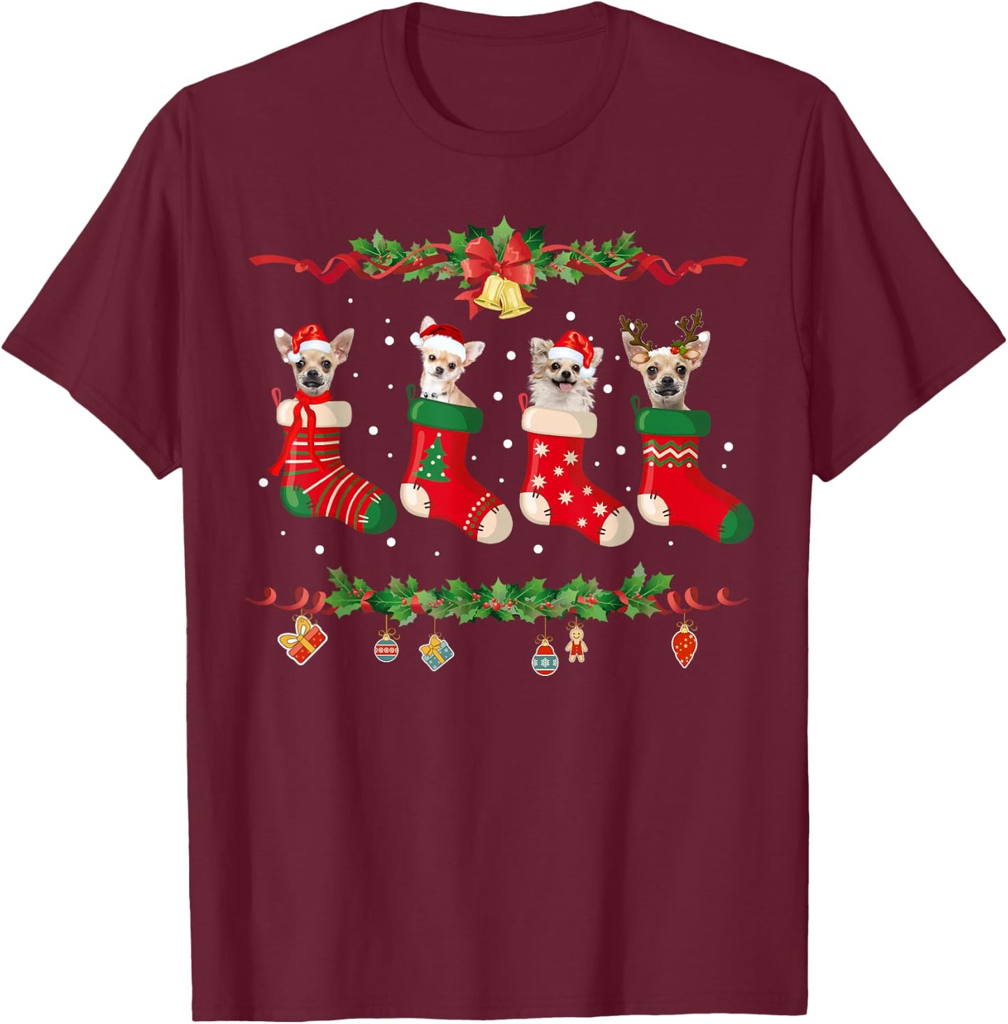 Chihuahua Christmas Stocking Dog Xmas T-Shirt - T-Shirt | Maroon