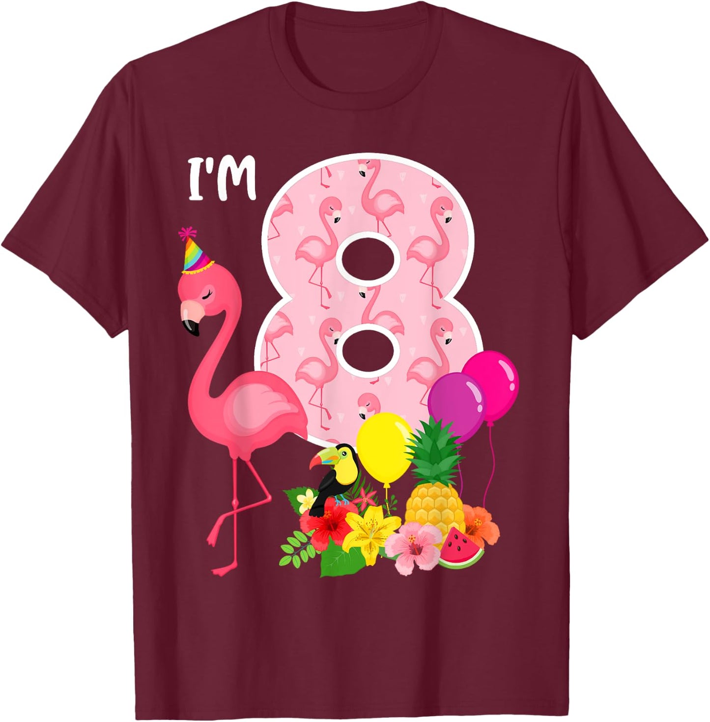 Flamingo Birthday I'm 8 Tropical Flamingo Theme 8th Birthday T-Shirt - T-Shirt | Maroon