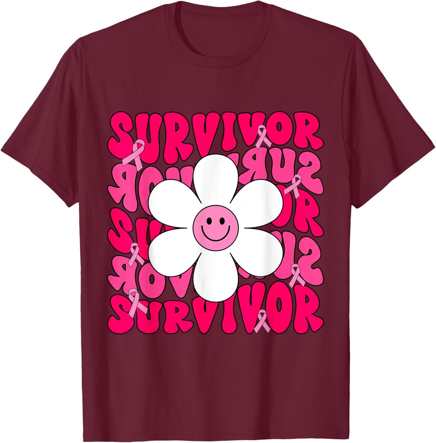 Survivor Breast Cancer Awareness Retro Groovy Breast Cancer T-Shirt - T-Shirt | Maroon