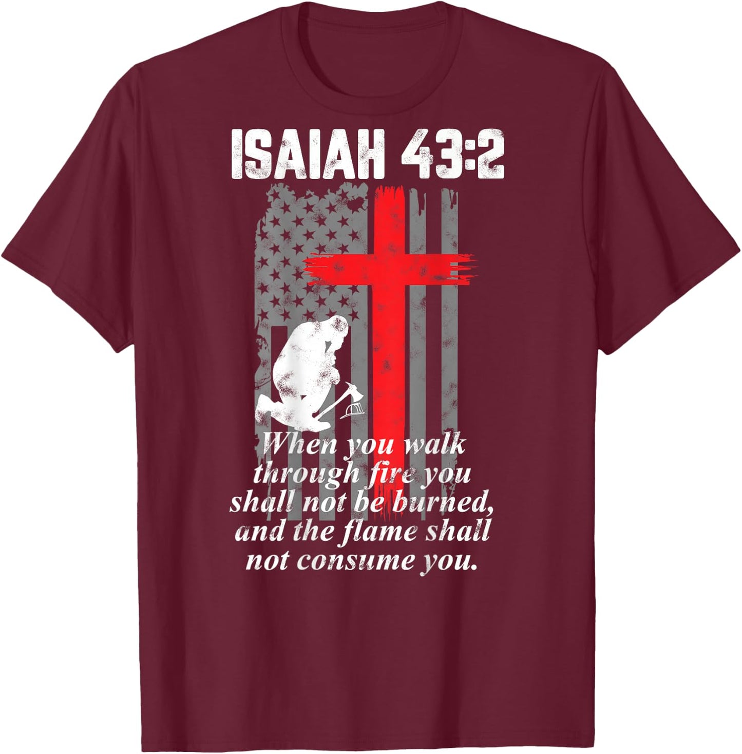 Thin Red Line Firefighter Cross Bible Verse American Flag Small T-Shirt - T-Shirt | Maroon