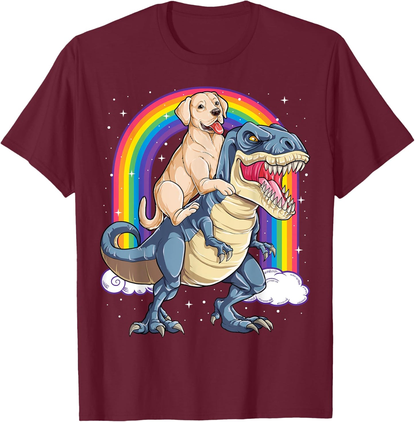 Labrador Riding Dinosaur T-rex Gifts Boys Kids Men Rainbow T-Shirt - T-Shirt | Maroon