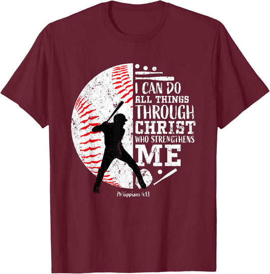 Philippians 4:13 Baseball Player Graphic With Bible Verse T-Shirt - T-Shirt | Maroon