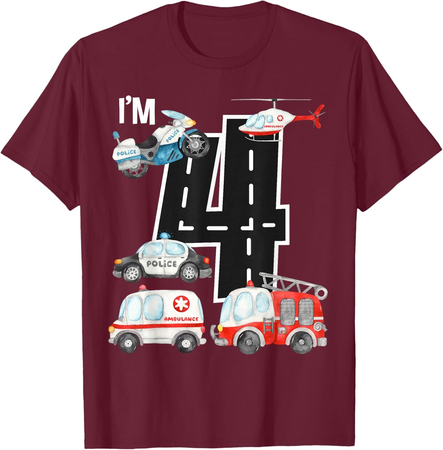 Emergency Vehicles 4th Birthday Fire Truck Police Car Boys T-Shirt - T-Shirt | Maroon