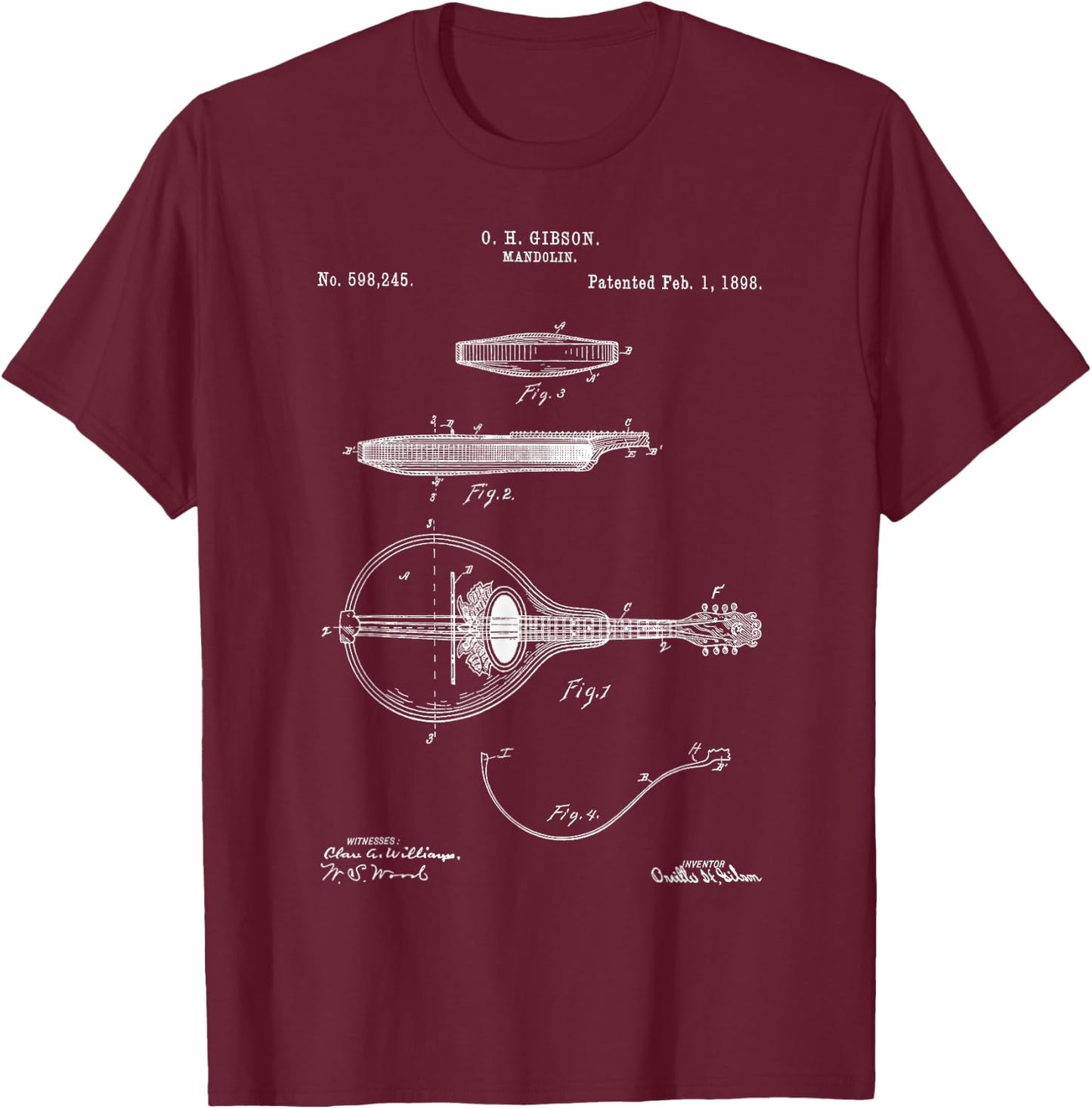Vintage Patent Mandolin 1898 Music Retro Blueprint Fun Gift T-Shirt - T-Shirt | Maroon