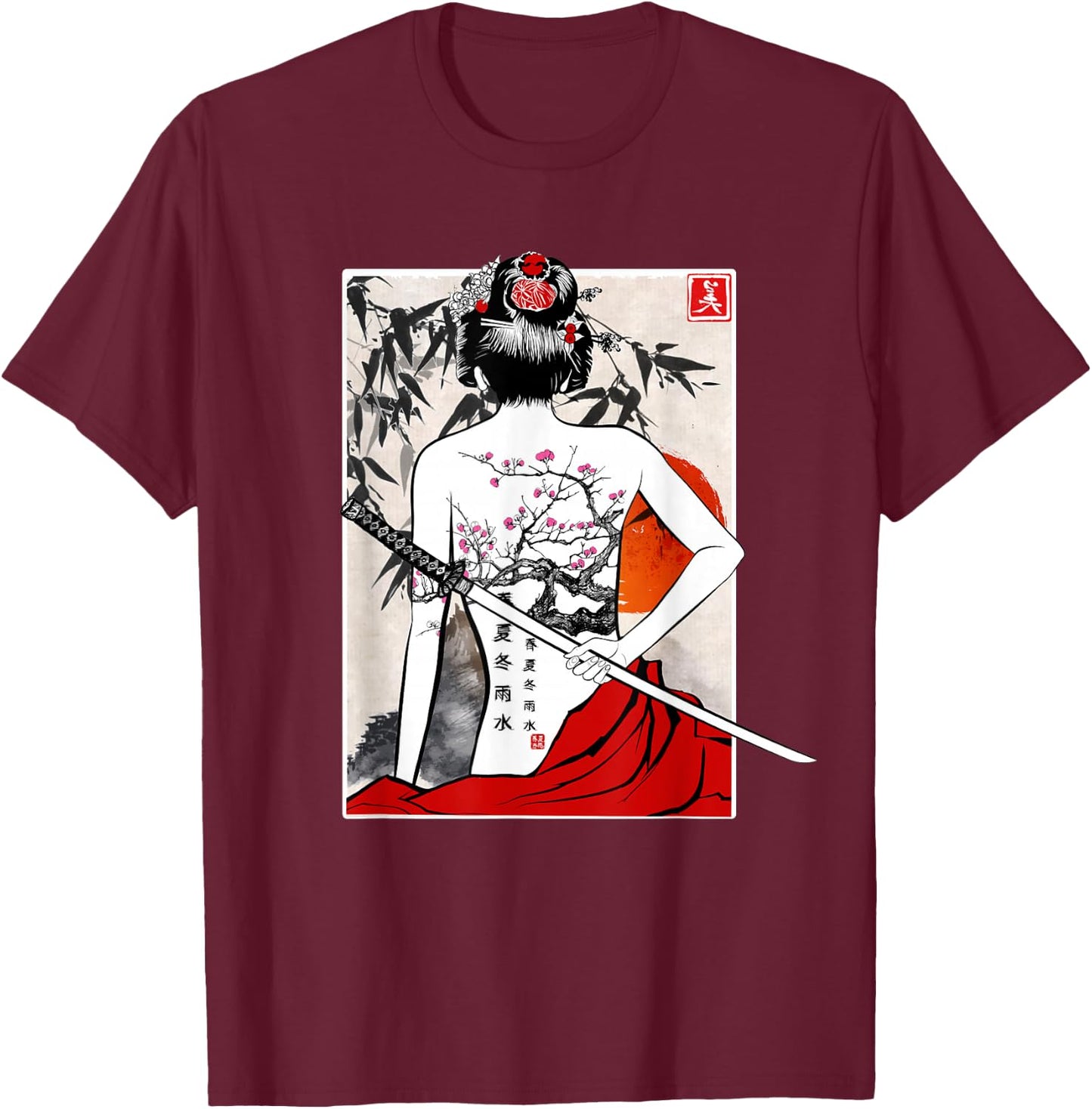 Japanese Samurai Culture Scenery Vintage Sakura Cherry Gift T-Shirt - T-Shirt | Maroon