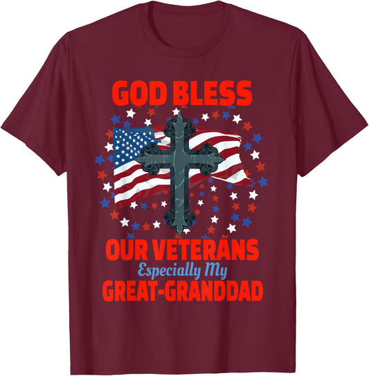 God Bless Veterans Day Appreciation Designs Black Modern Casual - Military Veteran Great-Granddad For Granddaughter Grandson Patriotic Veteran - Small T-Shirt - T-Shirt | Maroon