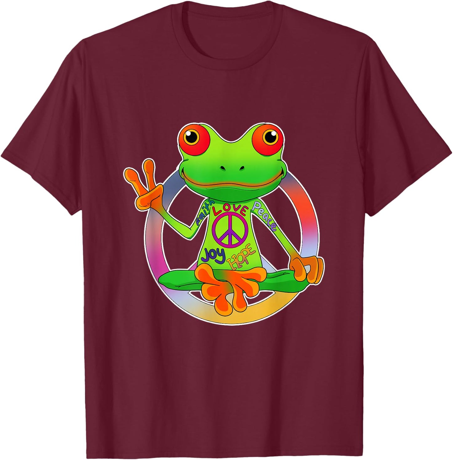 Hippie Frog Peace Sign Yoga Frogs Hippies 70s T-Shirt - T-Shirt | Maroon