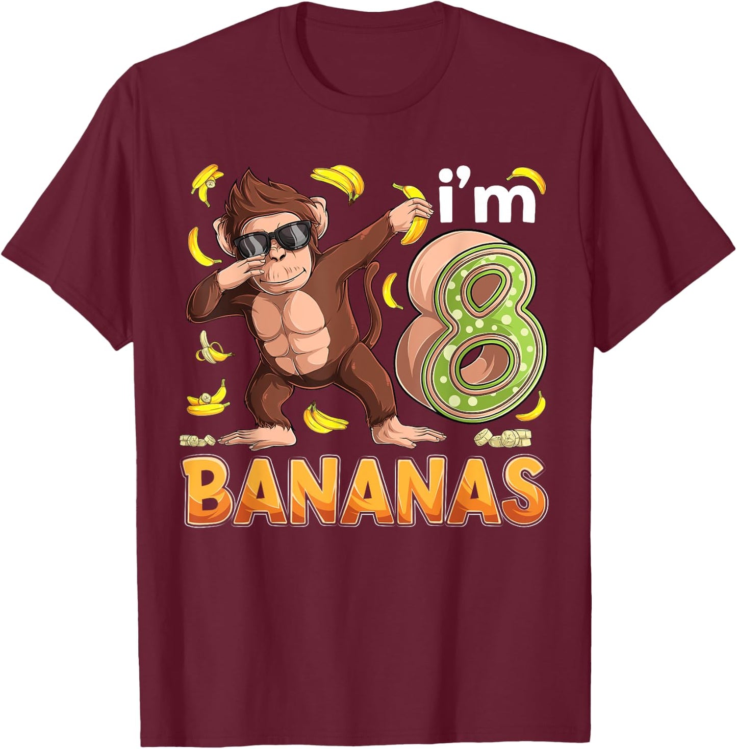 8 Year Old Monkey Birthday Safari Jungle Animal 8th B-day T-Shirt - T-Shirt | Maroon