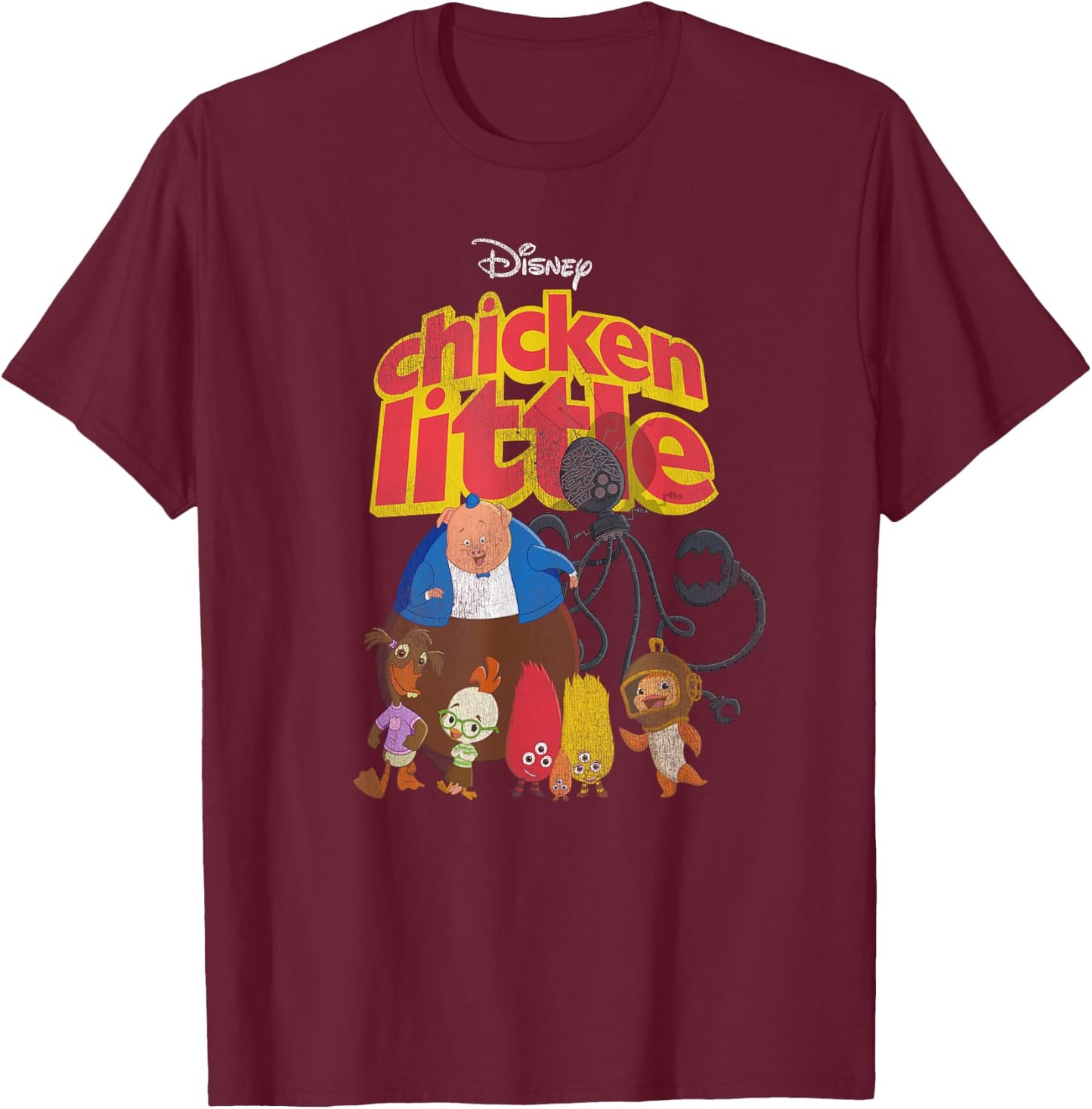 Disney Chicken Little Characters Retro Small T-Shirt - T-Shirt | Maroon