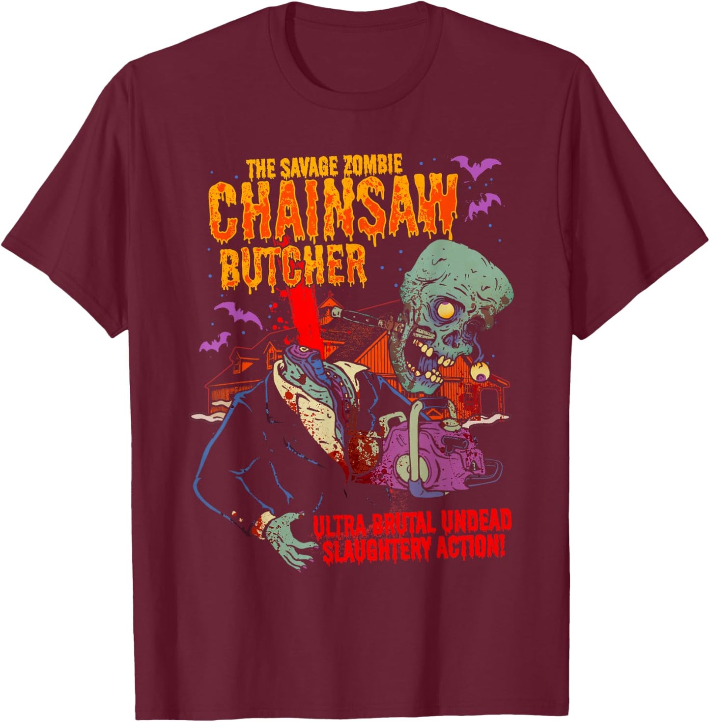 The Savage Zombie Chainsaw Butcher Horror Movie T-Shirt - T-Shirt | Maroon