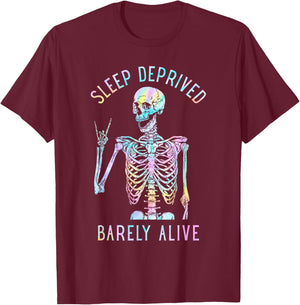 Tie Dye Sleep Deprived Barely Alive Skull Skeleton T-Shirt - T-Shirt | Maroon