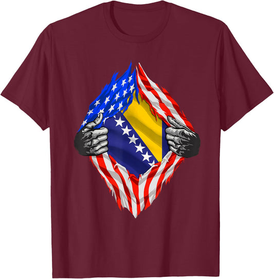 Bosnia Shirt Super USA Bosnian Flag Bosnian American Roots T-Shirt - T-Shirt | Maroon