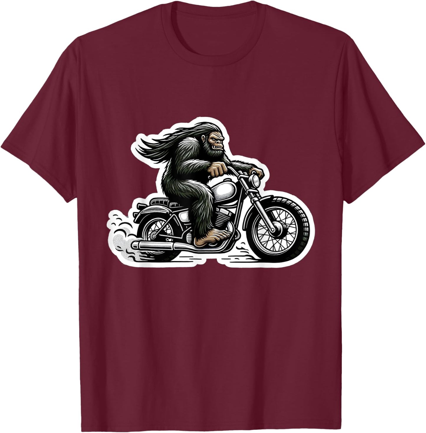 Funny Bigfoot Sasquatch Riding Motorcycle Bike Biker T-Shirt - T-Shirt | Maroon