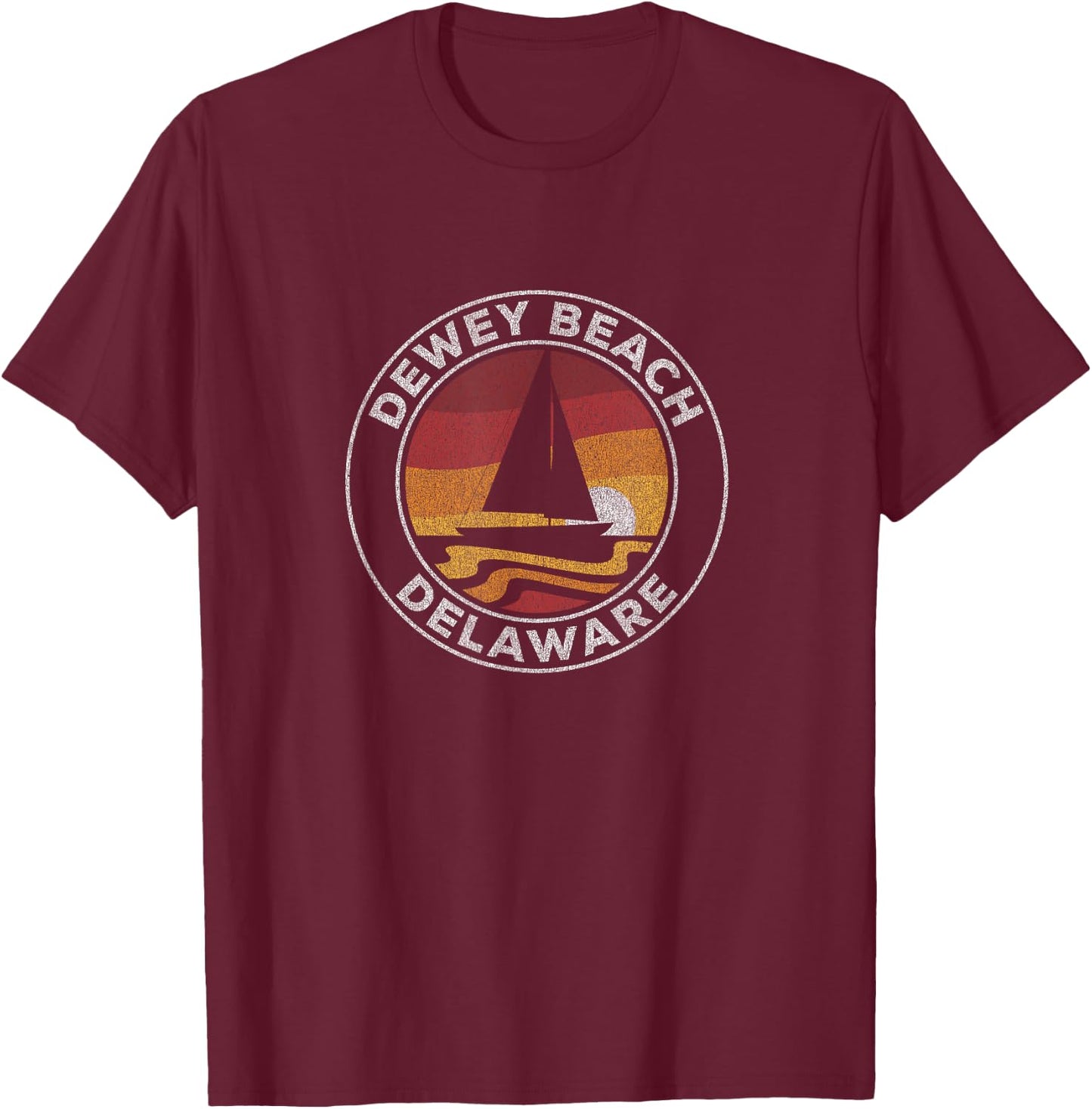 Dewey Beach Delaware Vintage Sailboat 70s Retro Sunset T-Shirt - T-Shirt | Maroon