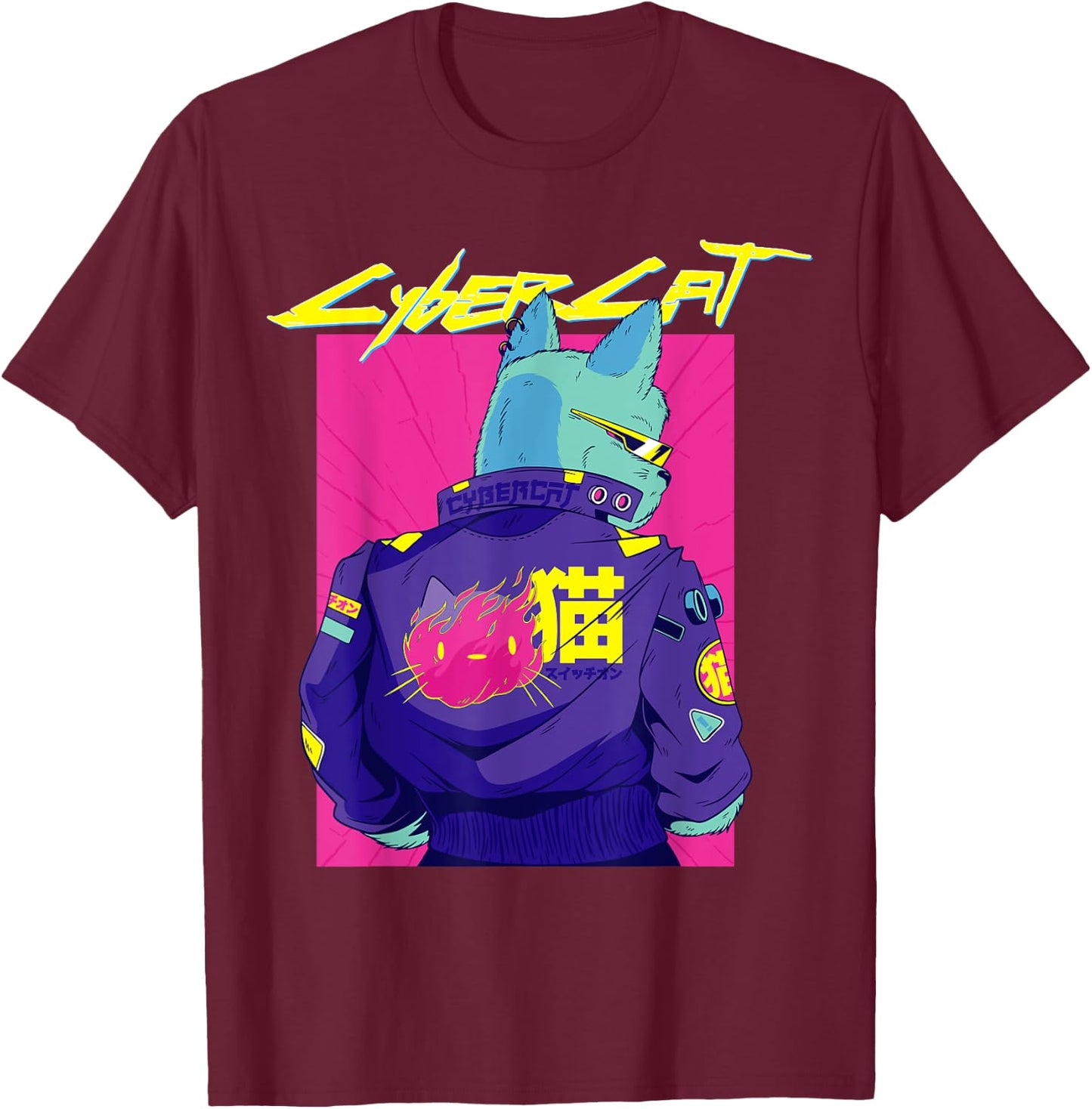 Cyberpunk Pun Cat cybercat Japanese Character cyberpunker T-Shirt - T-Shirt | Maroon