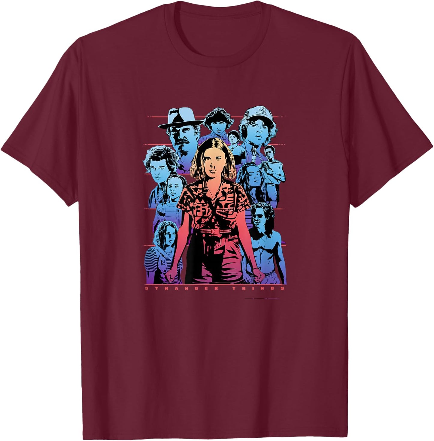Stranger Things Group Shot Populous Gazing T-Shirt - T-Shirt | Maroon