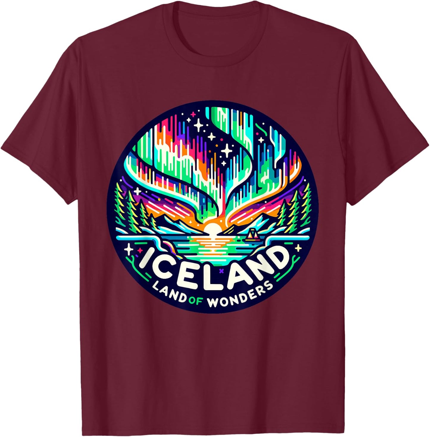 Iceland Northern Lights Aurora Borealis T-Shirt - T-Shirt | Maroon