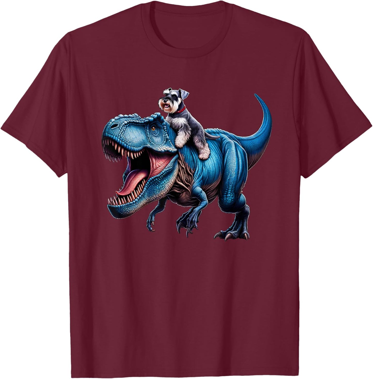 Miniature Schnauzer Riding T-Rex Dinosaur Funny Dog Lover T-Shirt - T-Shirt | Maroon