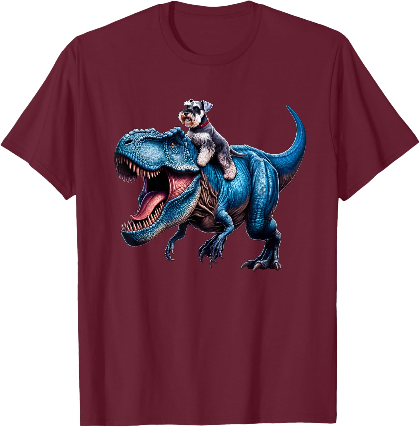Miniature Schnauzer Riding T-Rex Dinosaur Funny Dog Lover T-Shirt - T-Shirt | Maroon