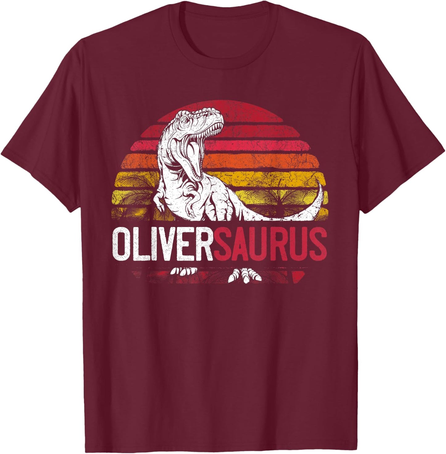 Oliver Saurus Funny Personalized Dinosaur T Rex Name T-Shirt - T-Shirt | Maroon