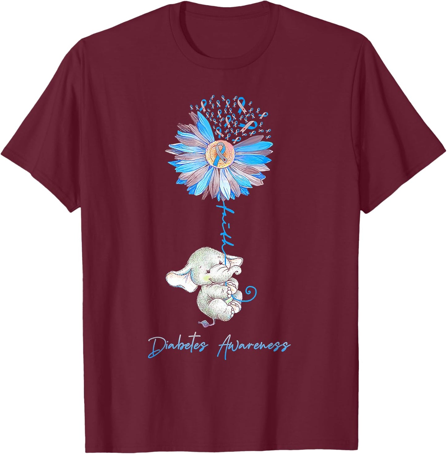 Faith Cute Elephants Sunflower Diabetes Awareness T-Shirt - T-Shirt | Maroon