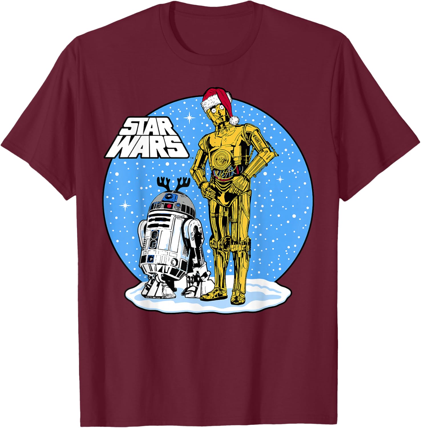 Star Wars Christmas C-3PO & R2-D2 Snow Globe T-Shirt - T-Shirt | Maroon
