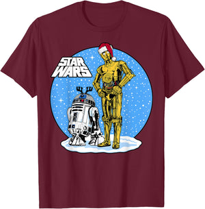Star Wars Christmas C-3PO & R2-D2 Snow Globe T-Shirt - T-Shirt | Maroon