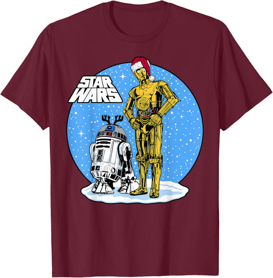 Star Wars Christmas C-3PO & R2-D2 Snow Globe T-Shirt - T-Shirt | Maroon