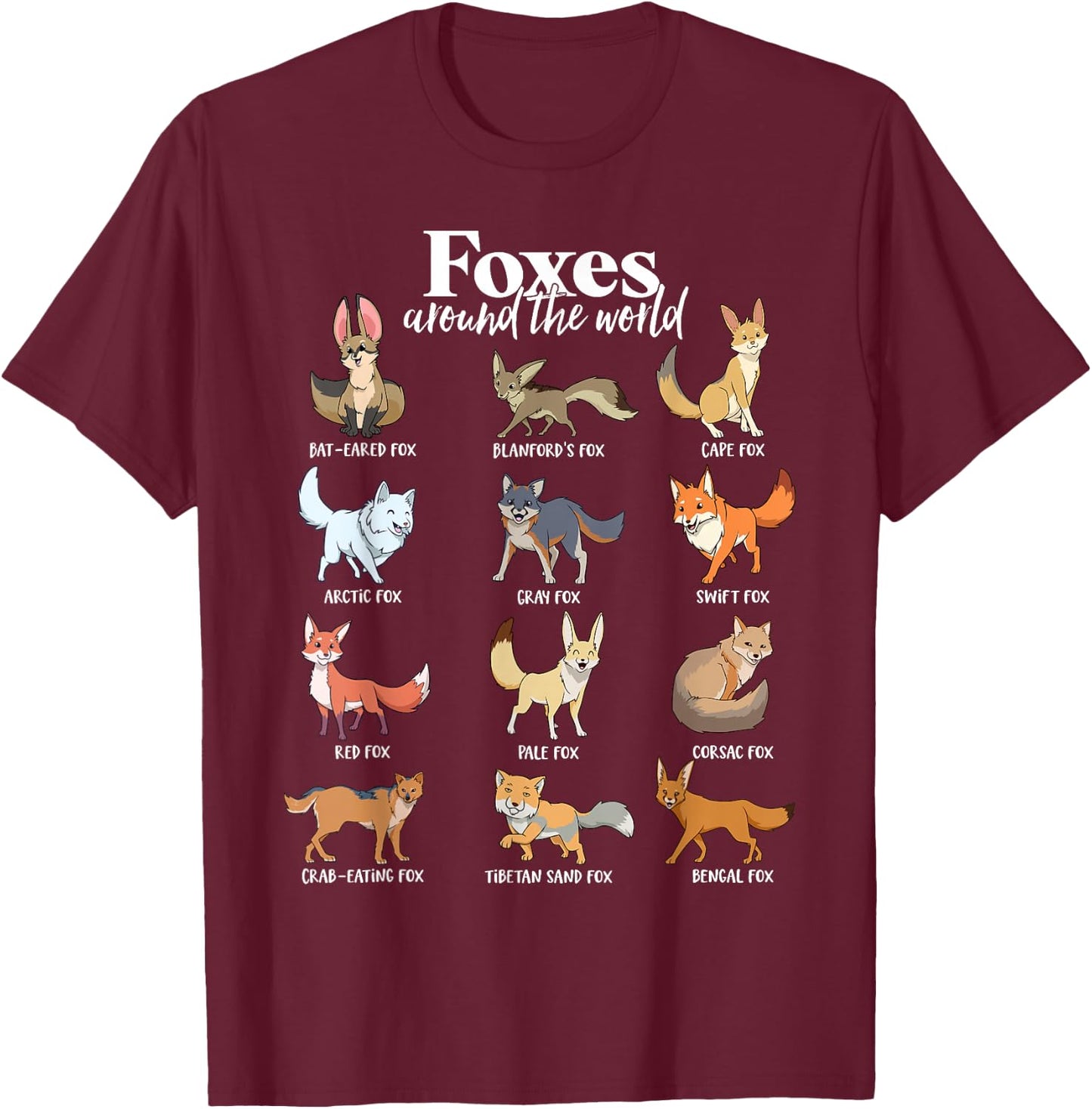 Many types of foxes - foxes of the world T-Shirt - T-Shirt | Maroon