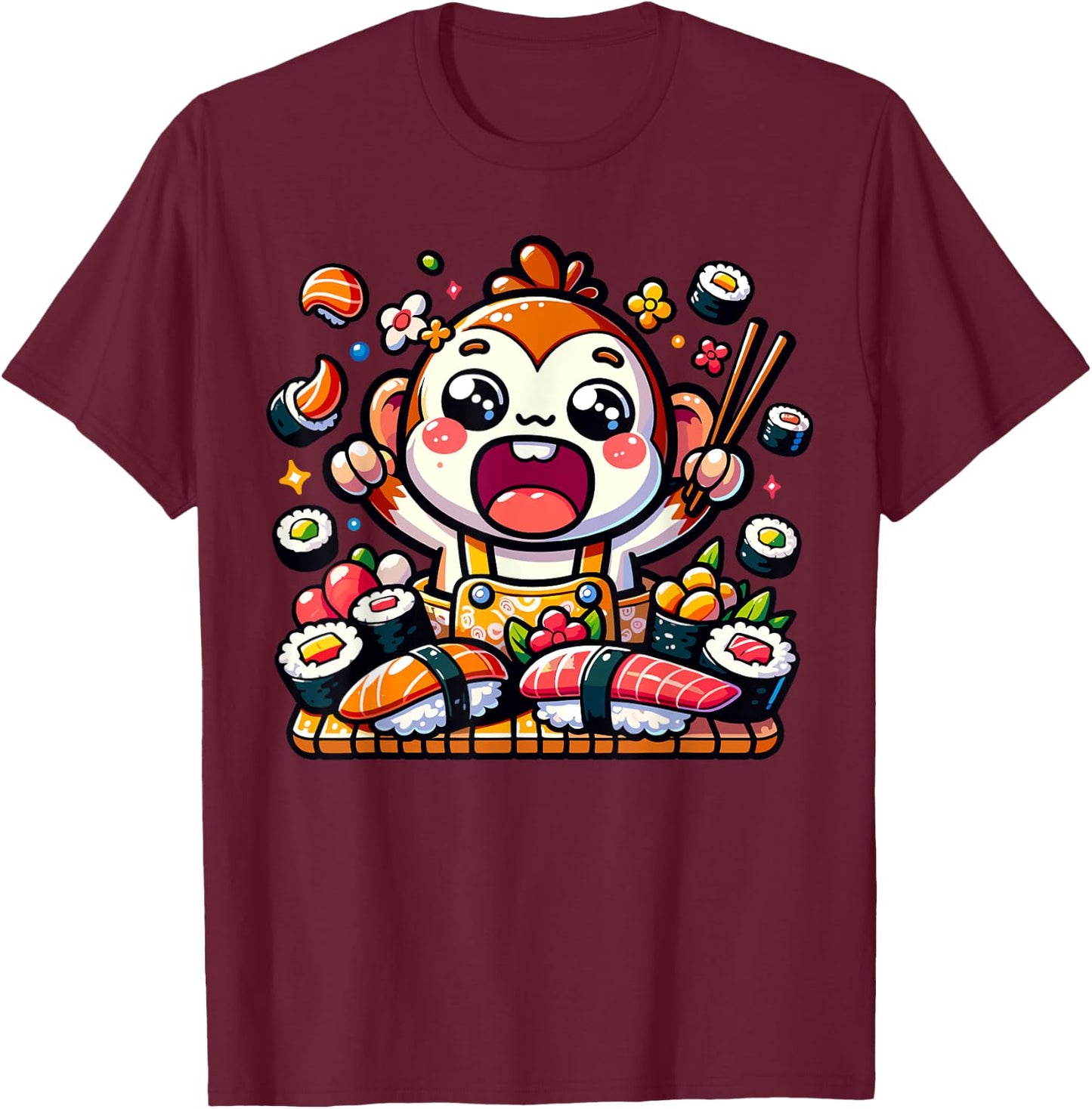 Hungry Kawaii Monkey Eating Sushi Japanese Food T-Shirt - T-Shirt | Maroon