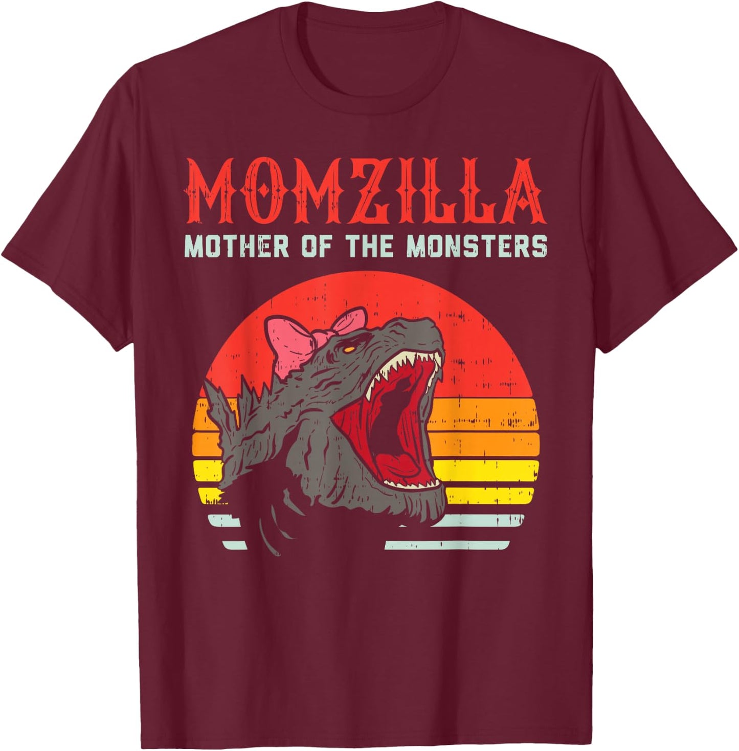 Momzilla Mother Of Monsters Ribbon Retro Mama Step Mom Gift T-Shirt - T-Shirt | Maroon