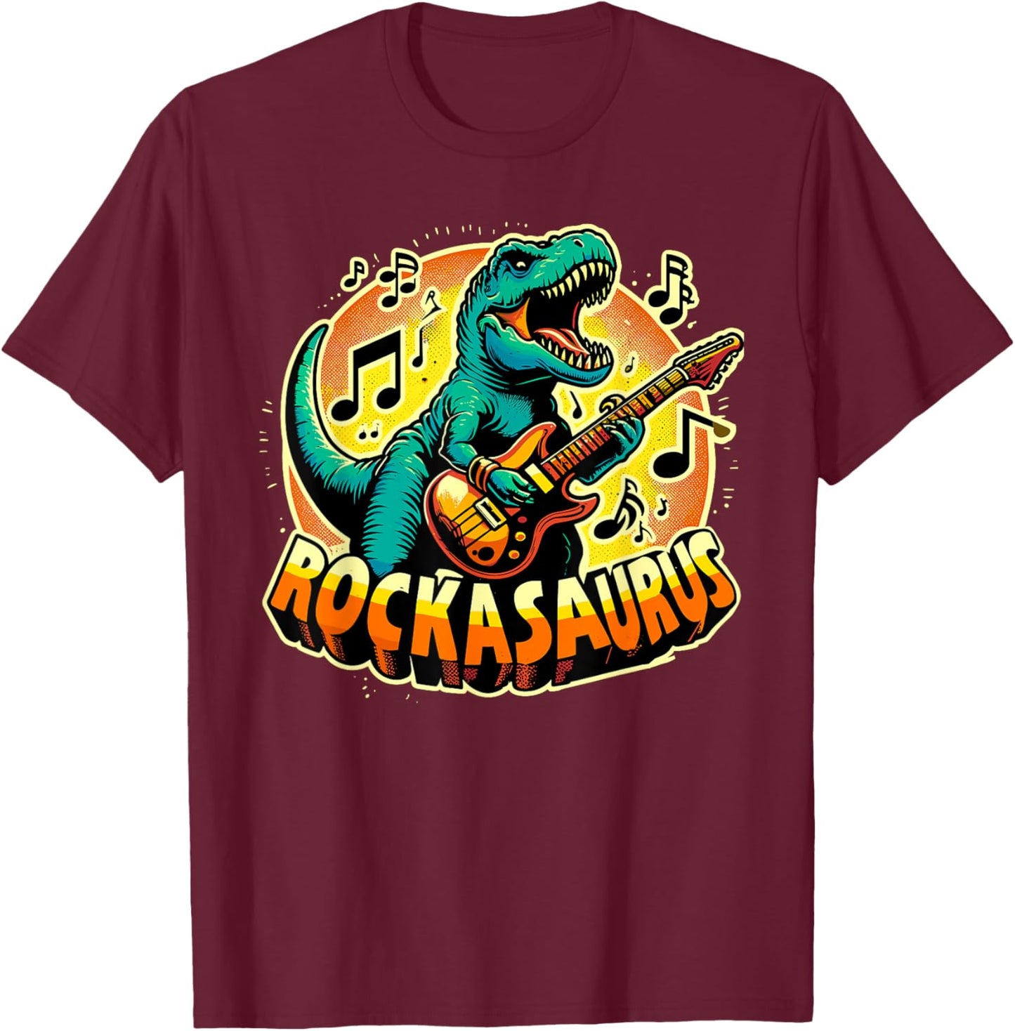 Rockasaurus Dinosaur Playing Guitar | Guitarist T-Rex T-Shirt - T-Shirt | Maroon