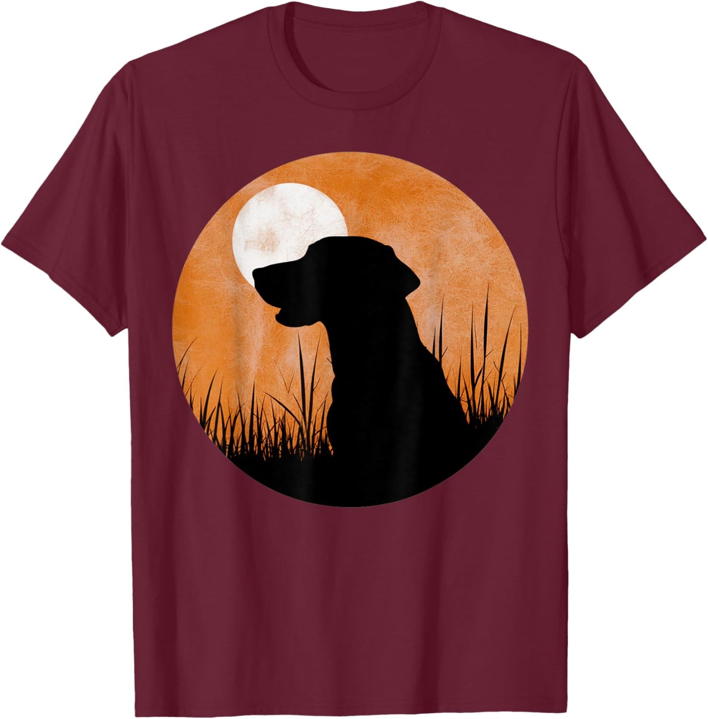 A silhouette of a hunting black or yellow lab on orange sky T-Shirt - T-Shirt | Maroon