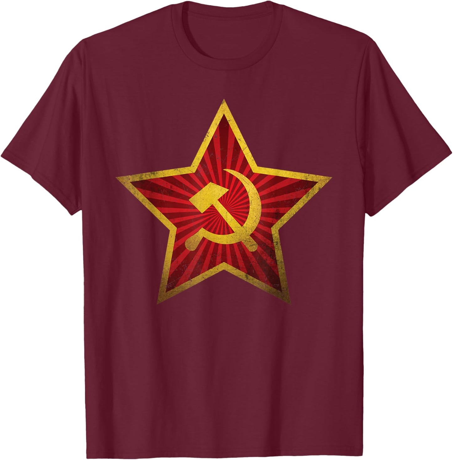 Soviet CCCP Red Star Sickle Hammer Symbol Emblem Distressed T-Shirt - T-Shirt | Maroon