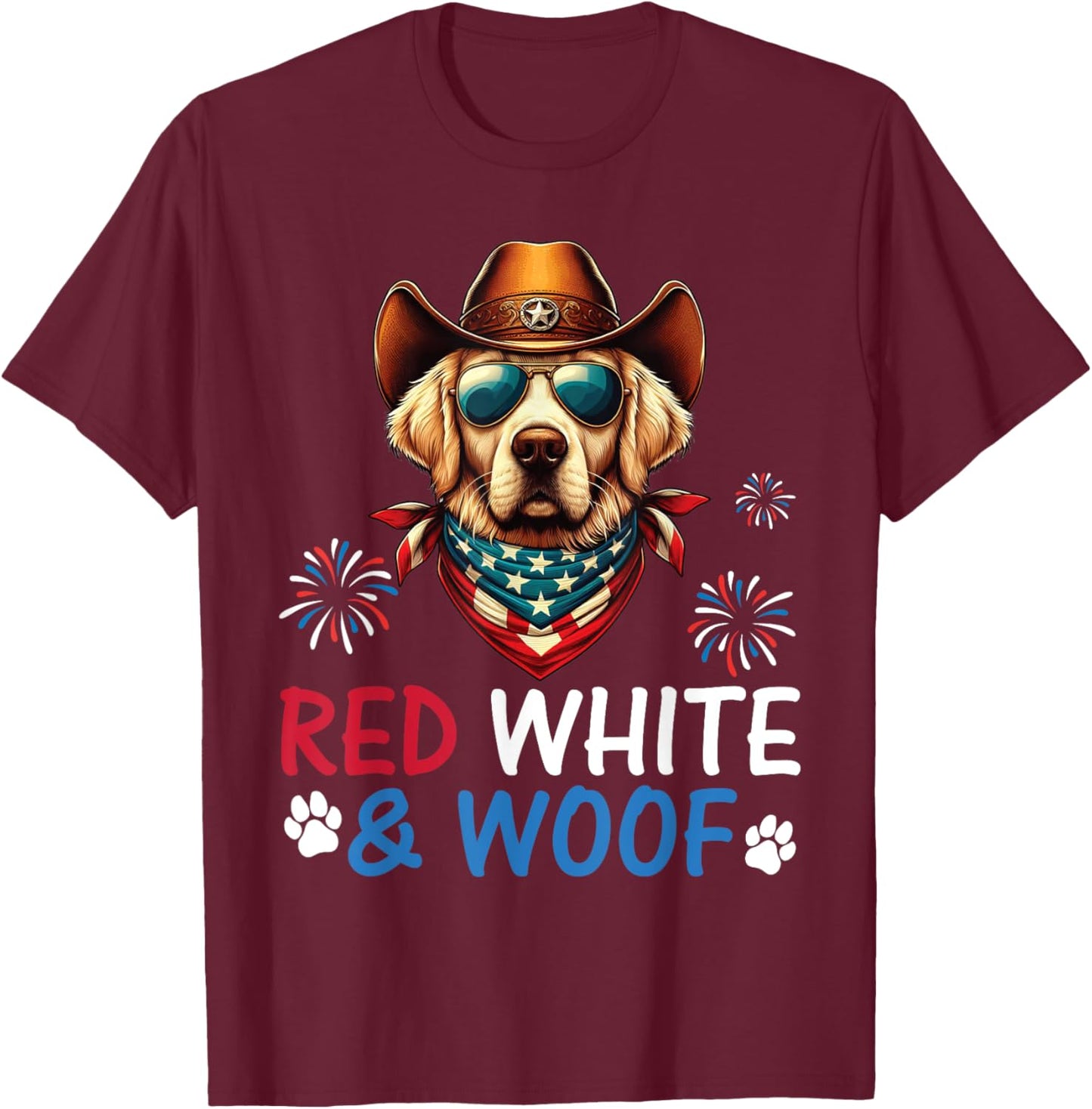 Golden Retriever Cowboy Costume Fireworks Red White and Woof T-Shirt - T-Shirt | Maroon
