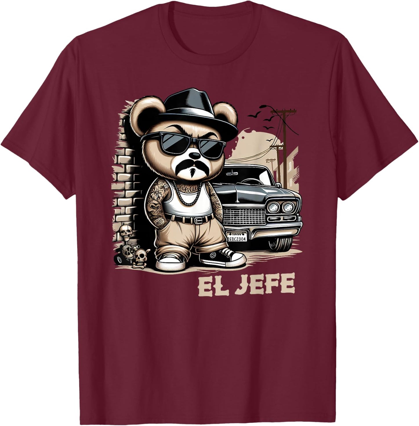 EL JEFE Hip Hop Teddy Bear Lowrider Shirt Chicano Cholo T-Shirt - T-Shirt | Maroon