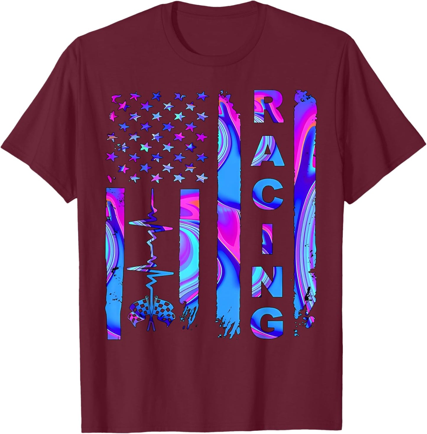 Tie Dye Heartbeat Checkered Flag Racing Patriotic Race Life Men T-Shirt - T-Shirt | Maroon