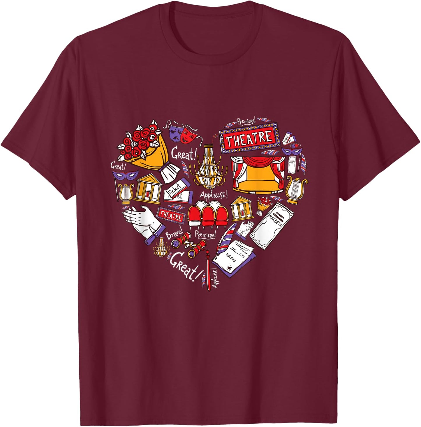 Theatre heart love actor actress gift women kids T-Shirt - T-Shirt | Maroon