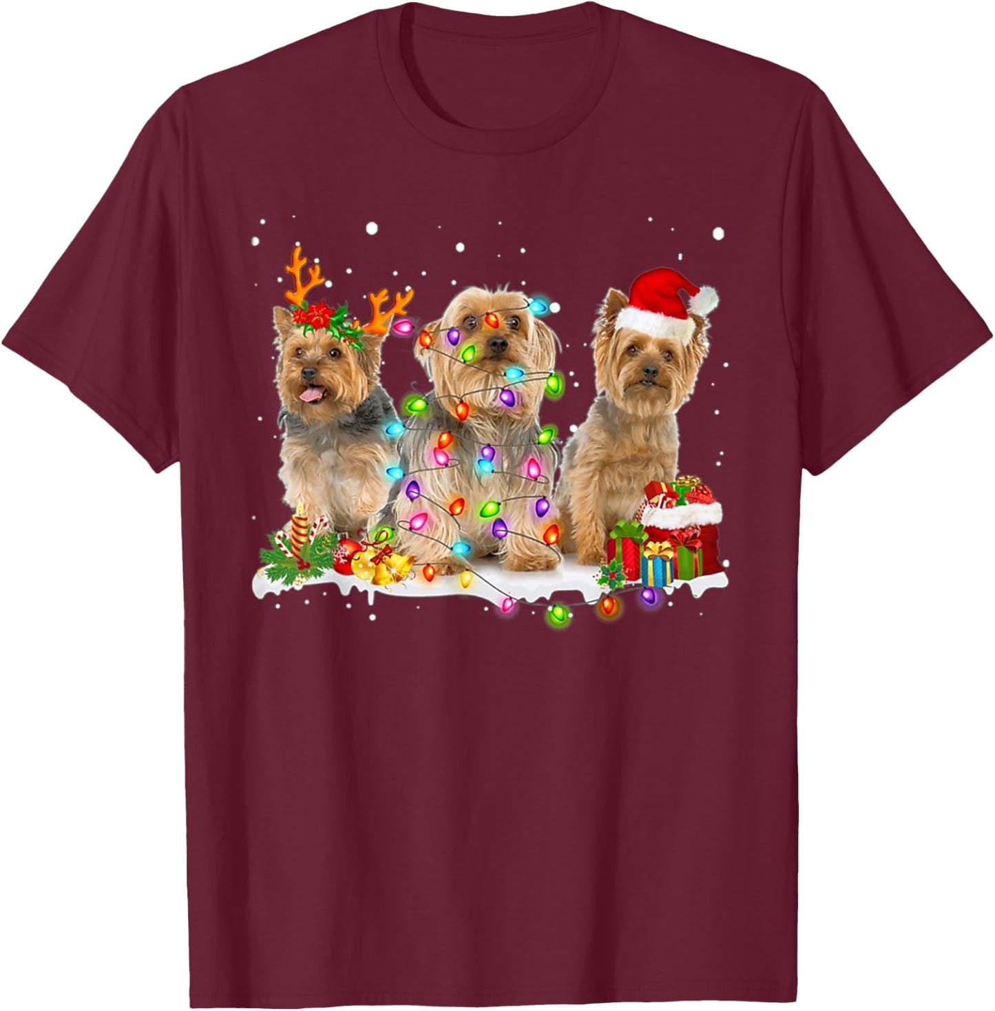 Three Silky Terrier Xmas Silky Terrier-Snow-Christmas Lover T-Shirt - T-Shirt | Maroon