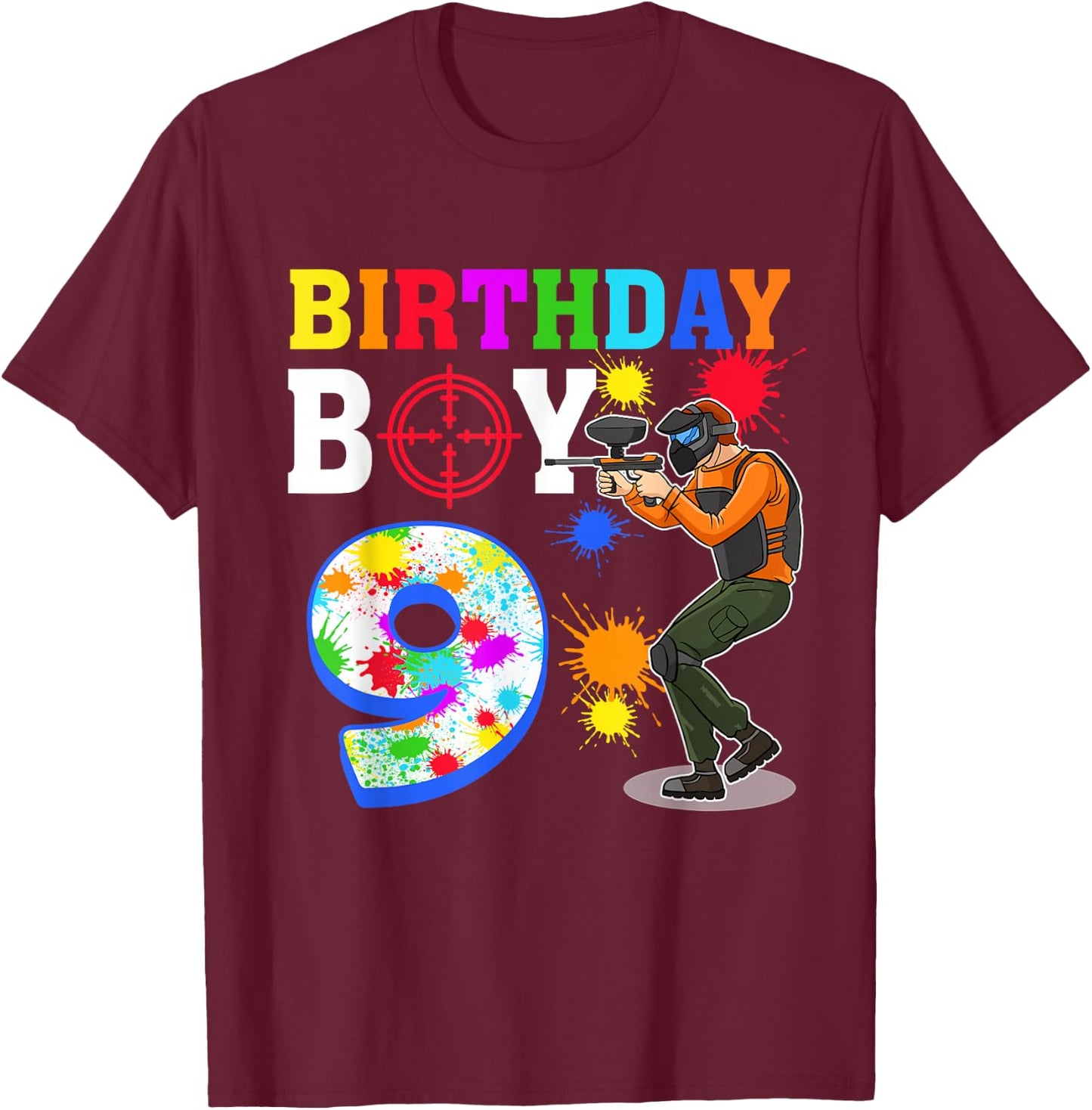 9 Year Old Paintball Boy 9th Birthday Party T-Shirt - T-Shirt | Maroon