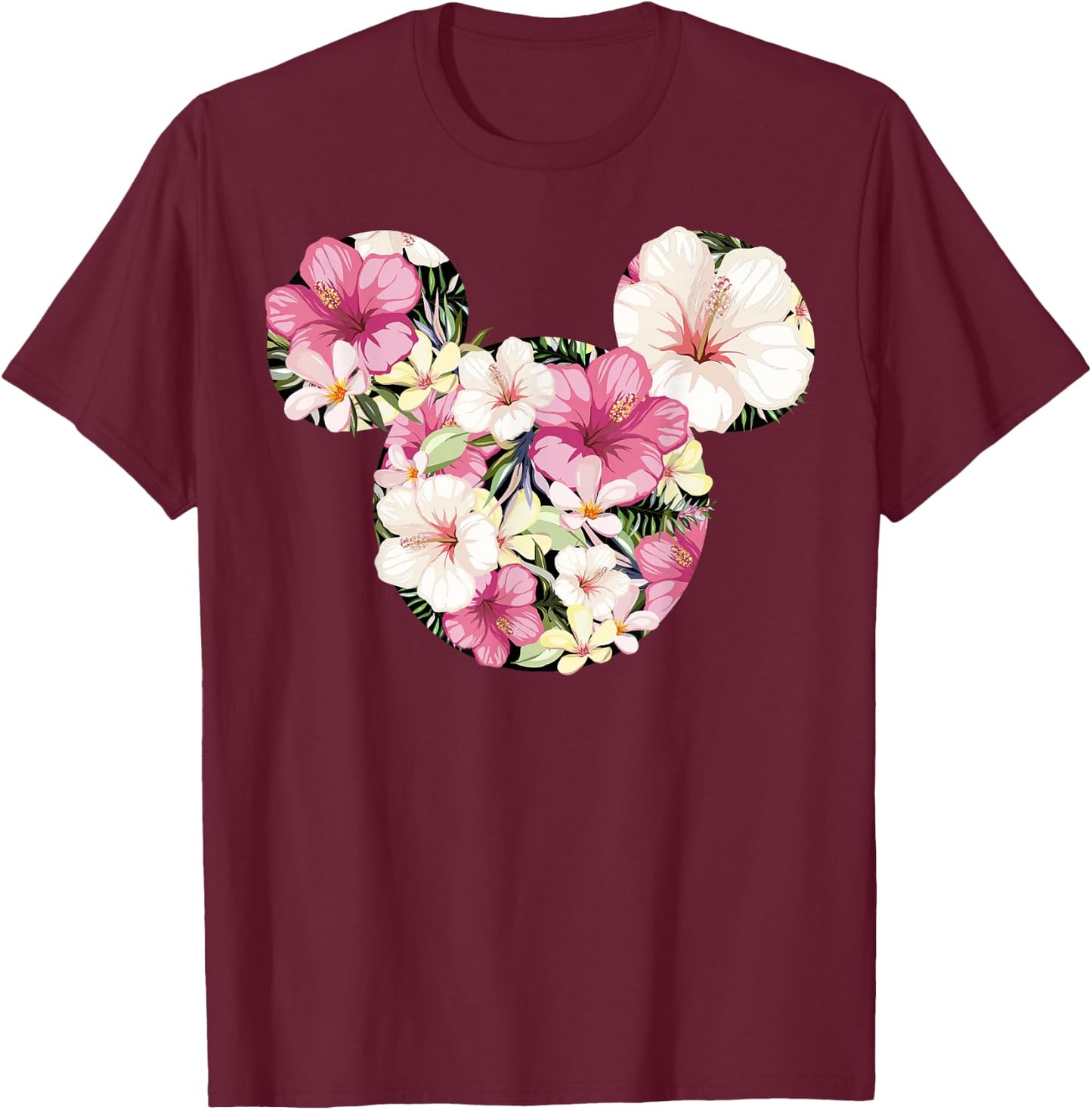 Disney Mickey and Friends Tropical Floral Print Silhouette T-Shirt - T-Shirt | Maroon