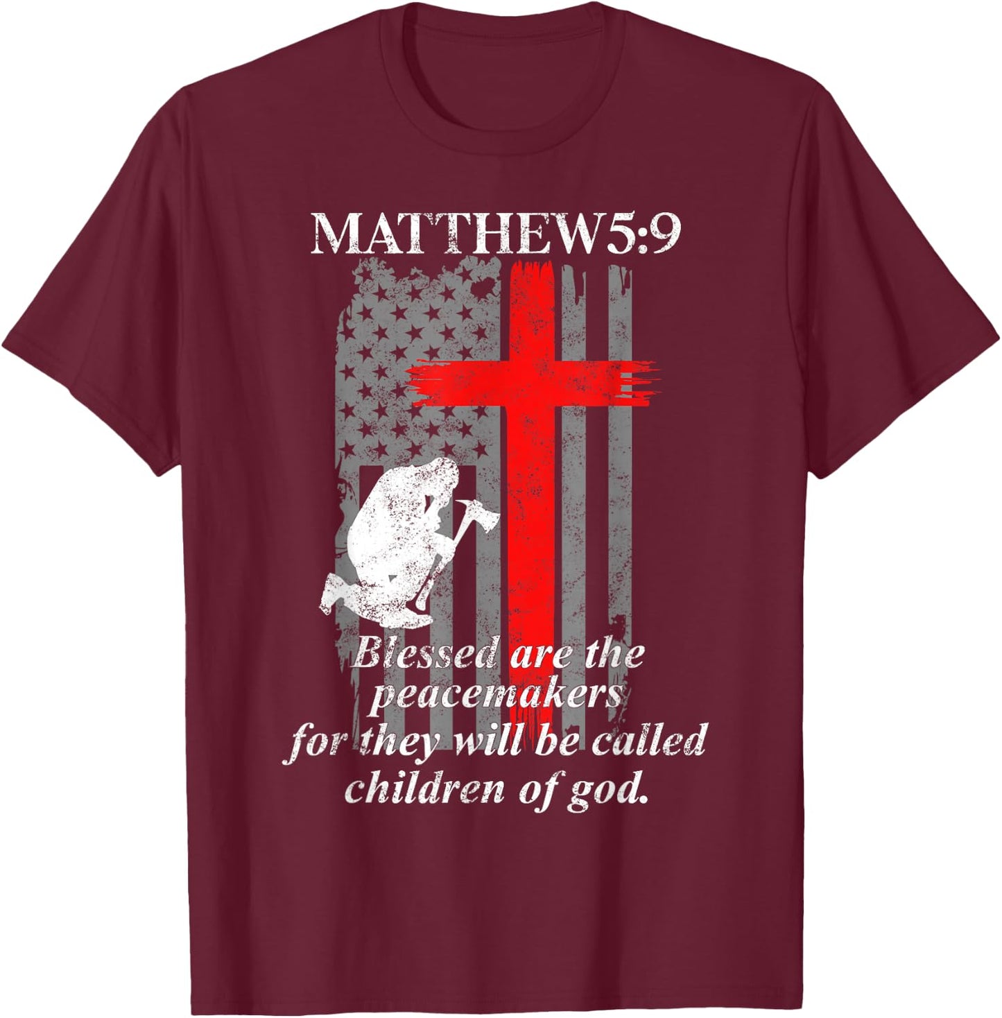 Thin Red Line Fireman Cross Bible Verse Firefighter USA Flag T-Shirt - T-Shirt | Maroon