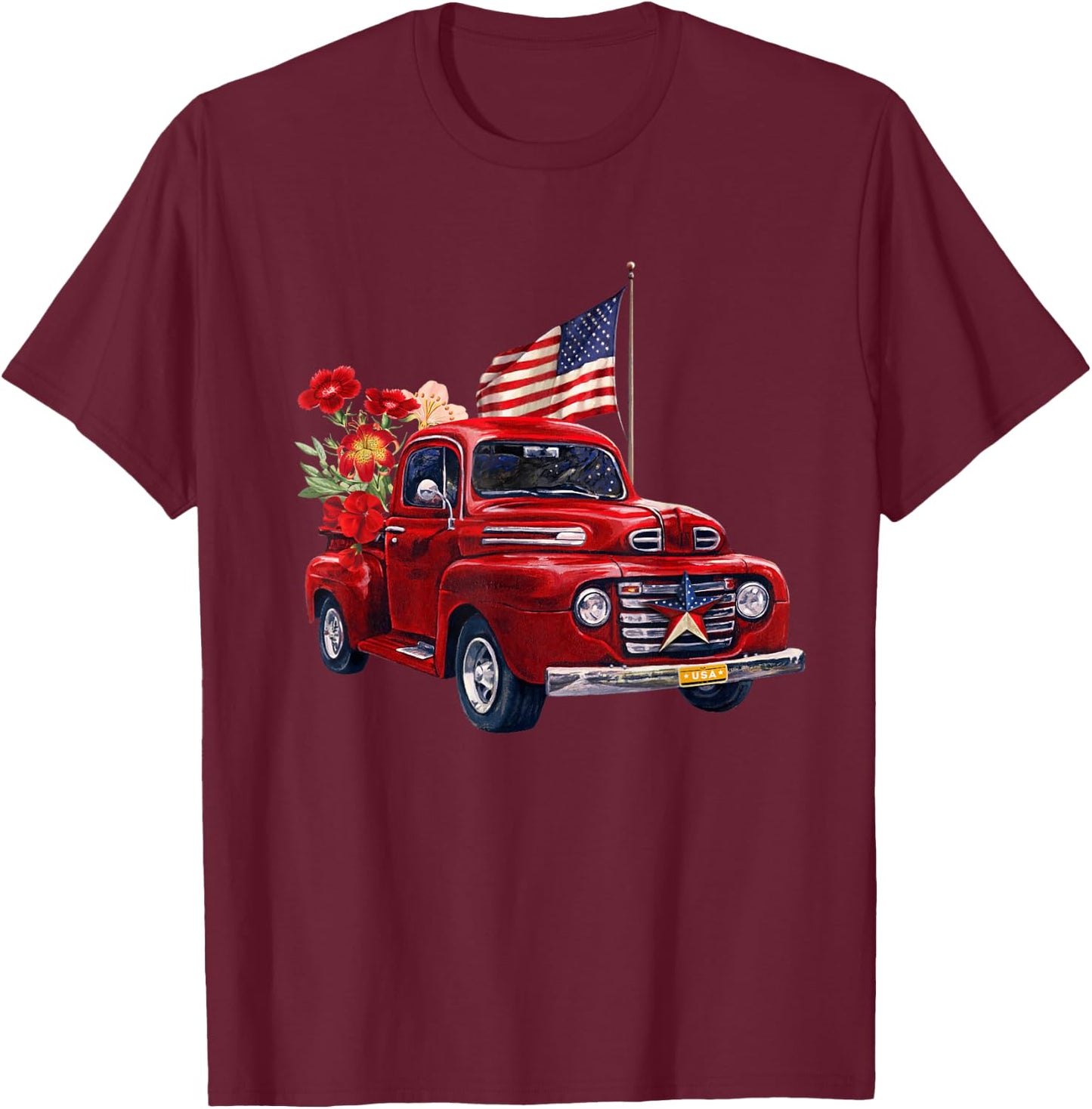Red Truck With Flowers American Flag Happy 4th Of July Women Men T-Shirt - T-Shirt | Maroon