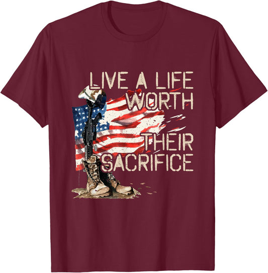 Live A Life Worth Their Sacrifice - US Veterans Day - Vets T-Shirt - T-Shirt | Maroon